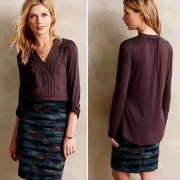 Anthropologie Dolan Pintucked Bryn Henley Pop Over Raisin Colored Top US Size XS - Picture 1 of 6